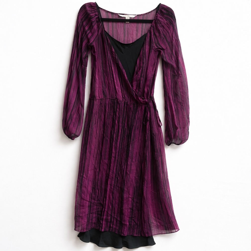 Diane von Furstenberg Silk Striped Dress Sz 2 Purple Black Long Sleeve